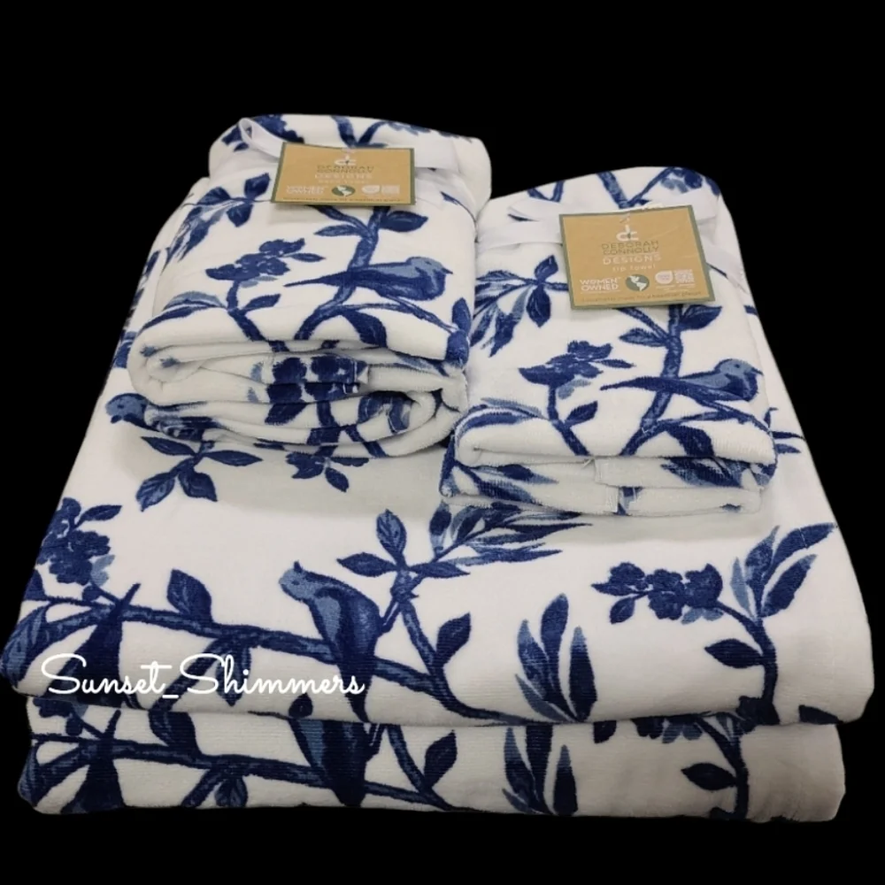 6pc Floral Song Bird Toile Velour Bath Hand Tip Towel Set Deborah Connolly